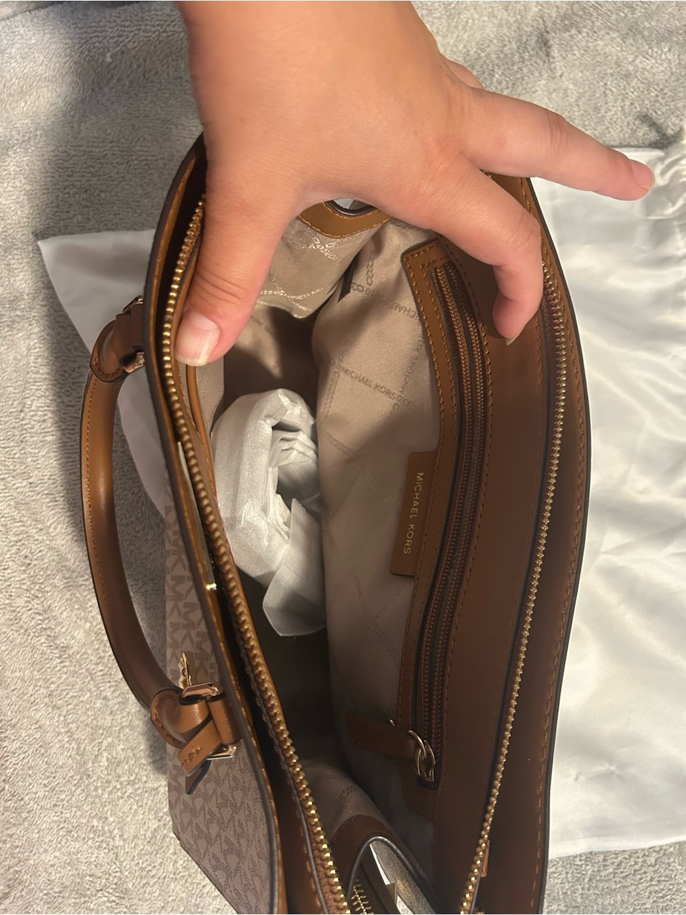 Michael Kors Cream Logo Satchel with Brown Trim and Gold Hardware - Picture 2 of 2